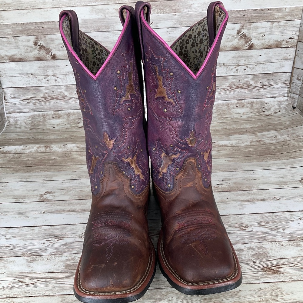 LAREDO WOMENS LOLA COWGIRL BROWN/PINK TRIM EMBROIDERED SQUARE TOE WESTERN BOOTS - Picture 7 of 11